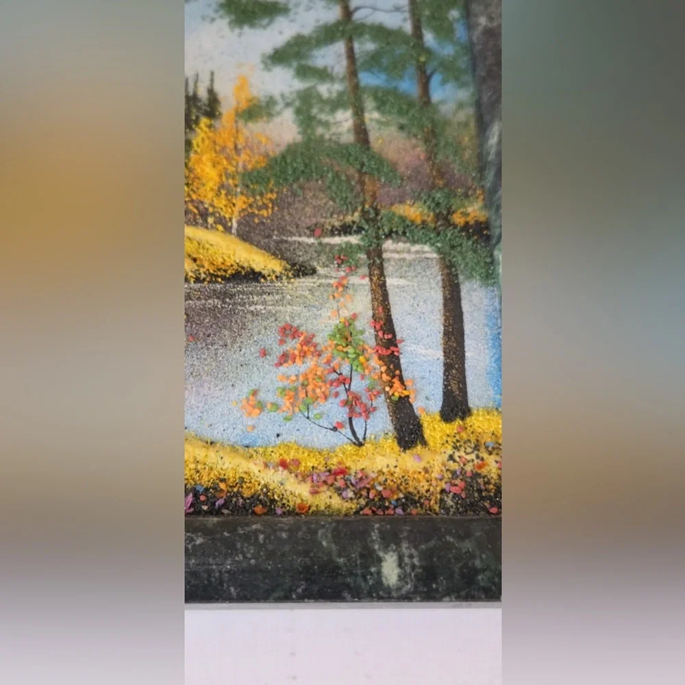 Vintage Russian Fall Scene Mineral Stone Painting in Marble Frame Art - Picture 4 of 10